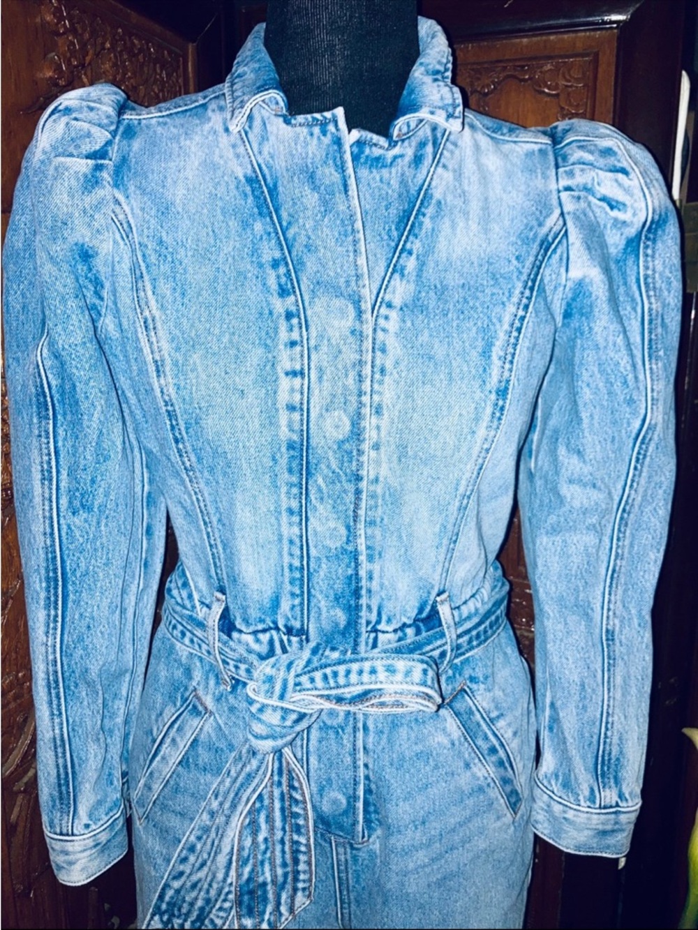 EXPRESS Y2K Retro Medium Wash Denim Jumpsuit with Tie Belt - Picture 3 of 11